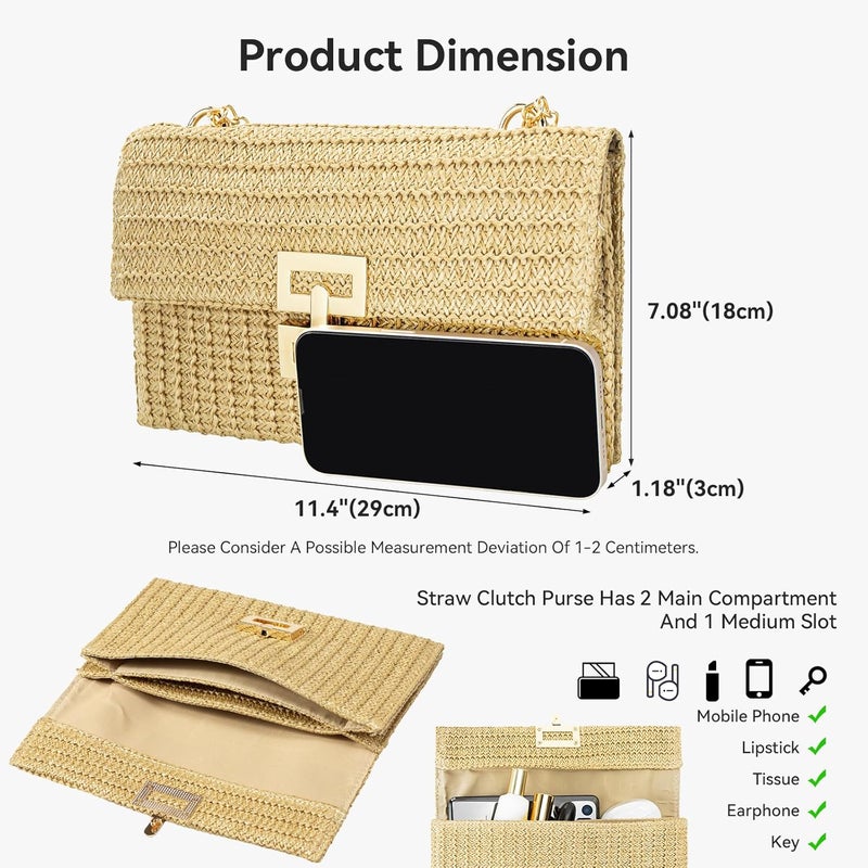 Gets Straw Clutch Purse for Women, Woven Beach Bag Summer Corssbody Purse Small Rattan Shoulder Bag for Travel | Hand-woven, Summer Beach, Envelope, Hand-woven, Summer Beach, Envelope - Image 2